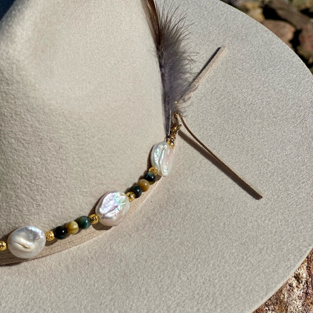 Freshwater Pearl and Tigers Eye Hat Band - Picture 2 of 10